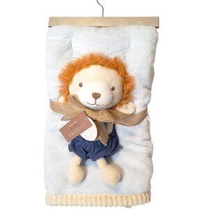 Chick Pea Lion Blue & Cream Ribbed Trim Lovey Blanket Set 30" X 36" NEW